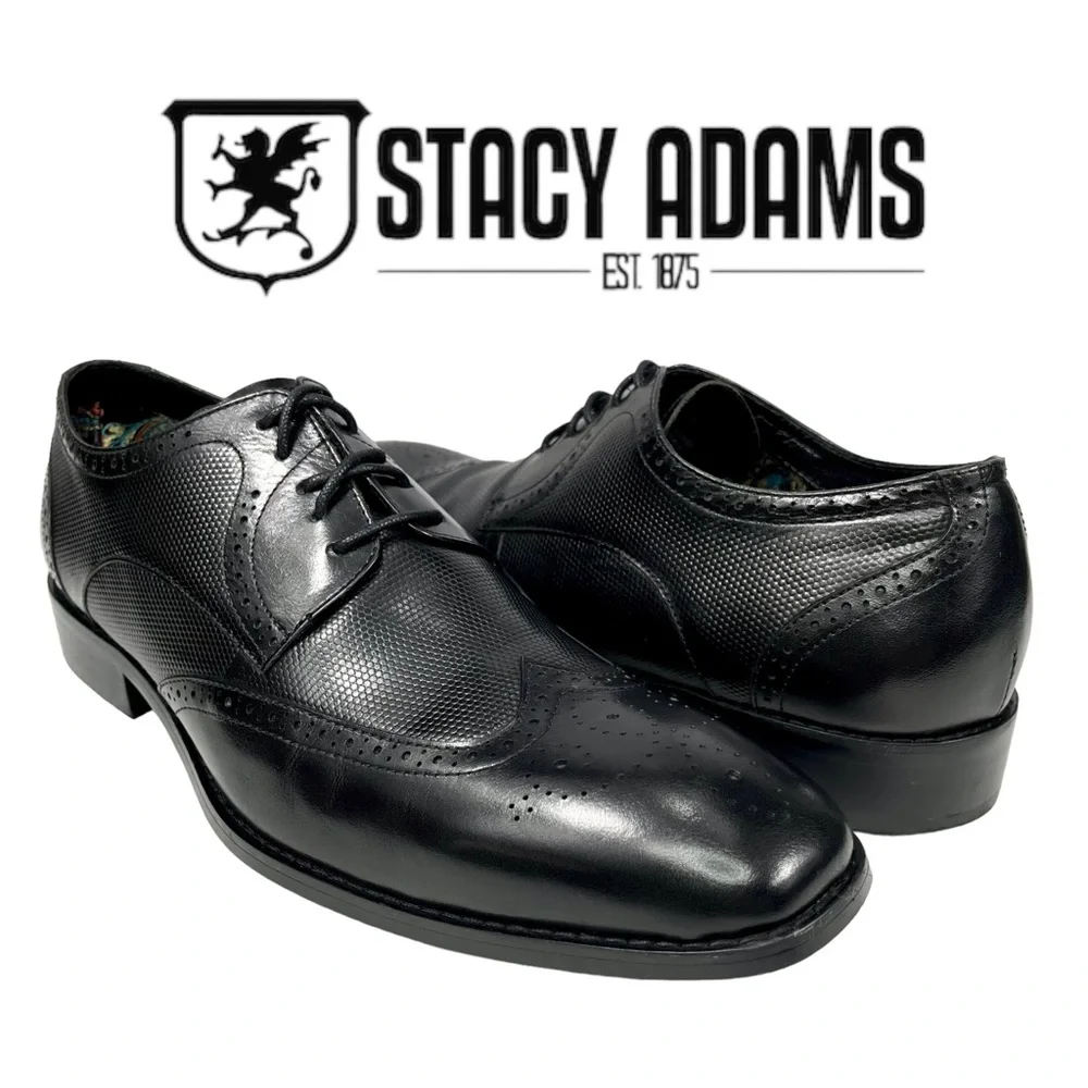 Stacy Adam Men’s 11.5 M Black Wing Tip Leather‎ Oxford Derby Lace Up Shoes